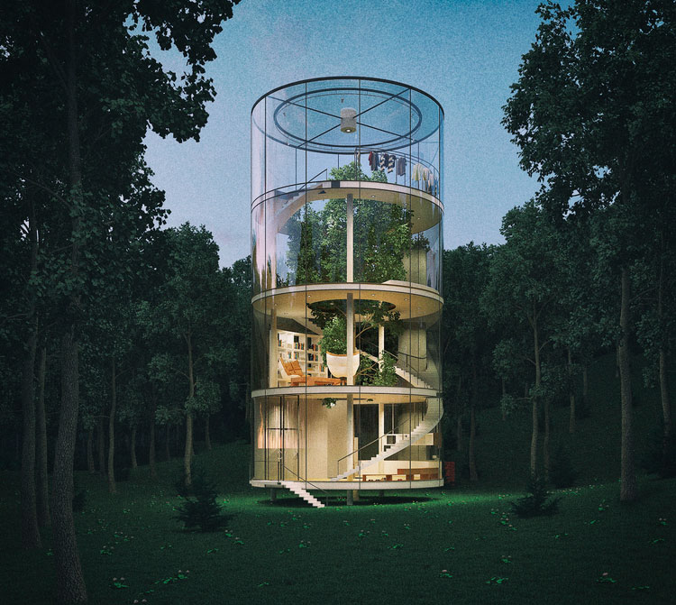 Casa cilindrica din sticla, construita in jurul unui copac